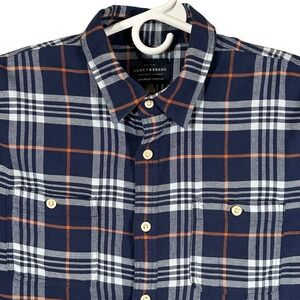 Lucky Brand Saturday Stretch Mens Large Navy Blue Orange Plaid Button Down Shirt